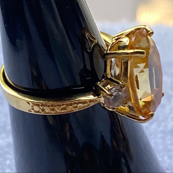Large Real Citrine Faceted Oval & Topaz Ring Gold over 925 Silver Vermeil Size 7 - Picture 9 of 14